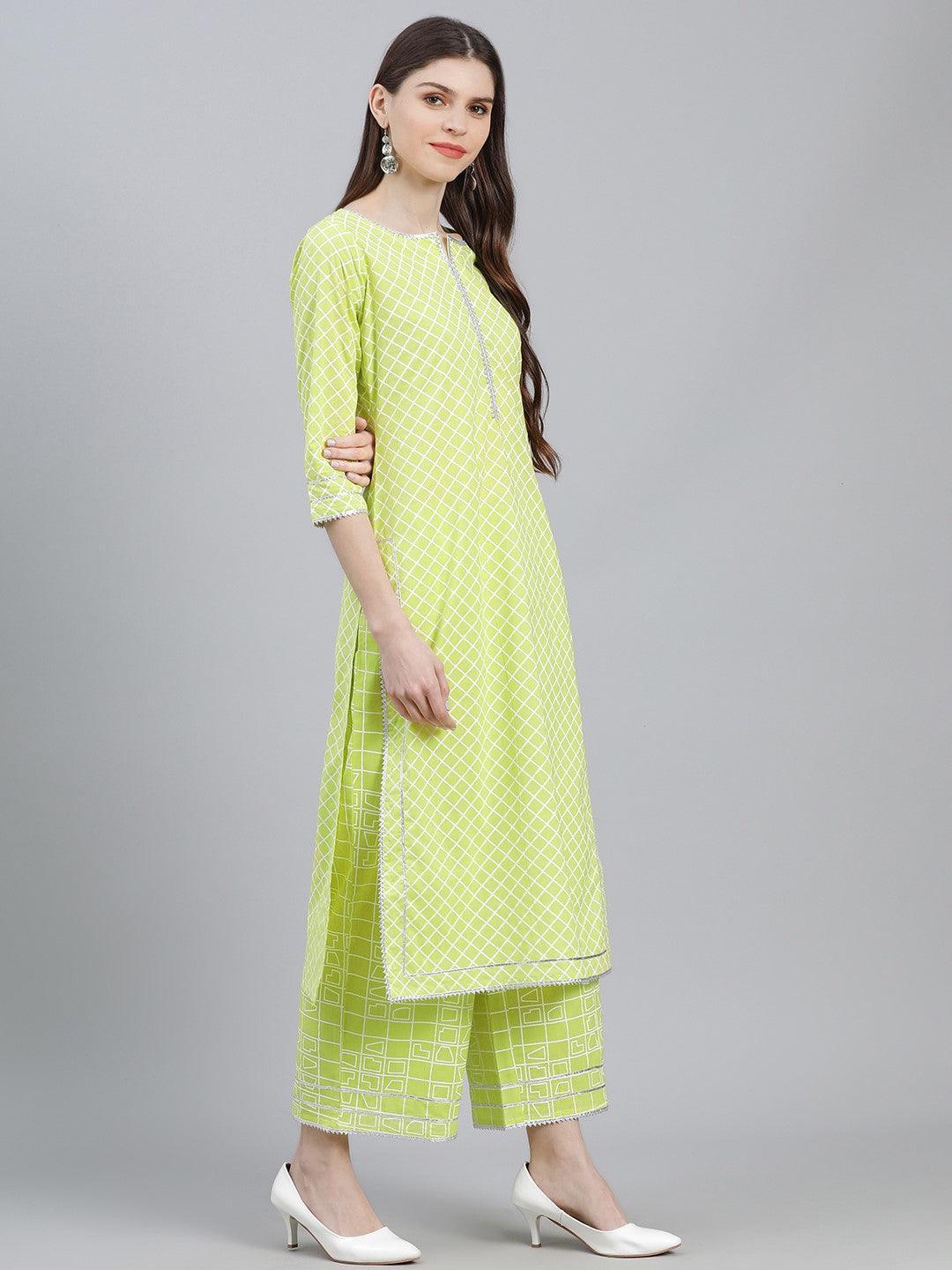 Green Printed Cotton Straight Kurta With Palazzos & Dupatta