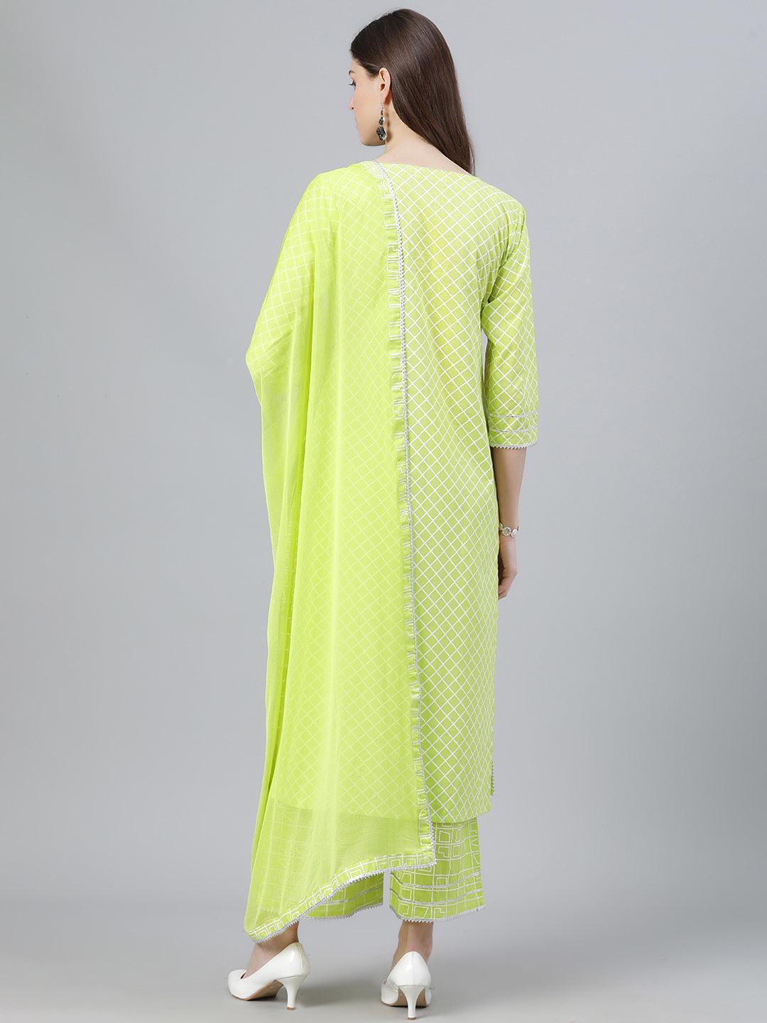 Green Printed Cotton Straight Kurta With Palazzos & Dupatta