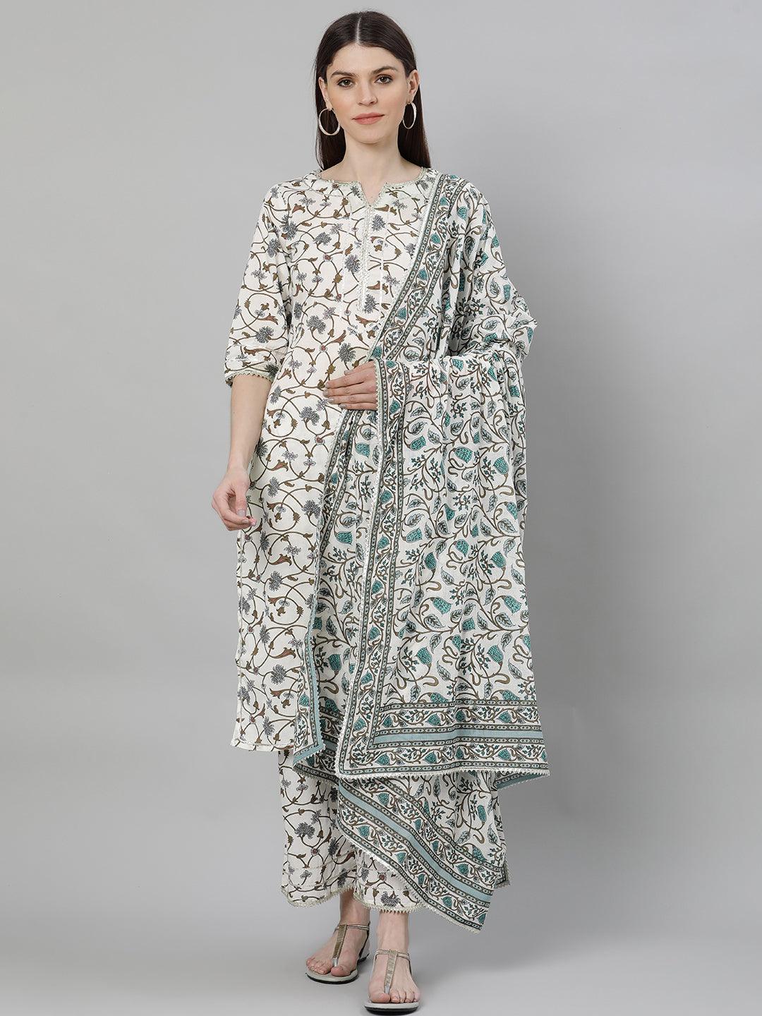 White Printed Cotton Suit Set