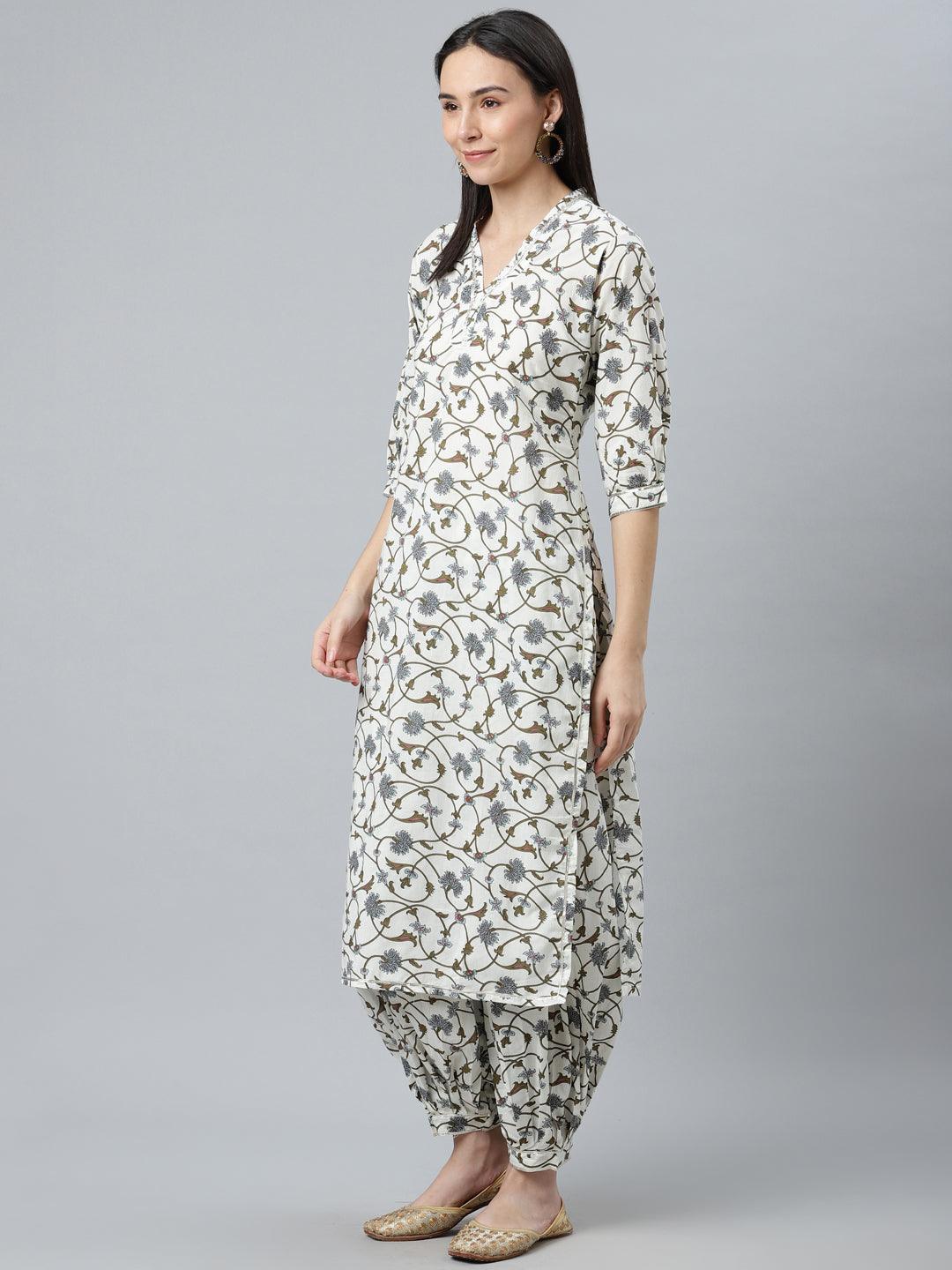 White Printed Cotton Suit Set