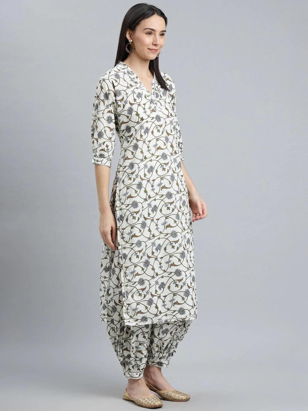 White Printed Cotton Suit Set