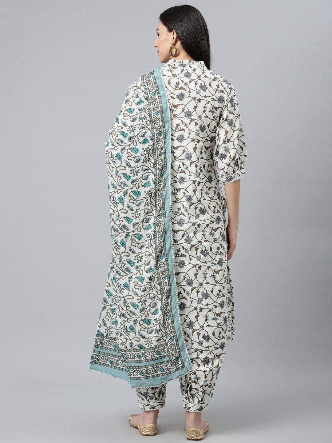 White Printed Cotton Suit Set