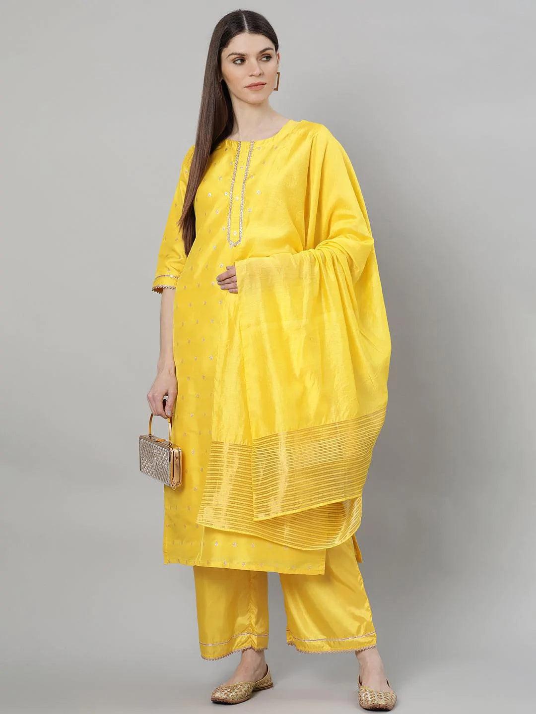 Yellow Woven Design Shantoon Suit Set - ShopLibas