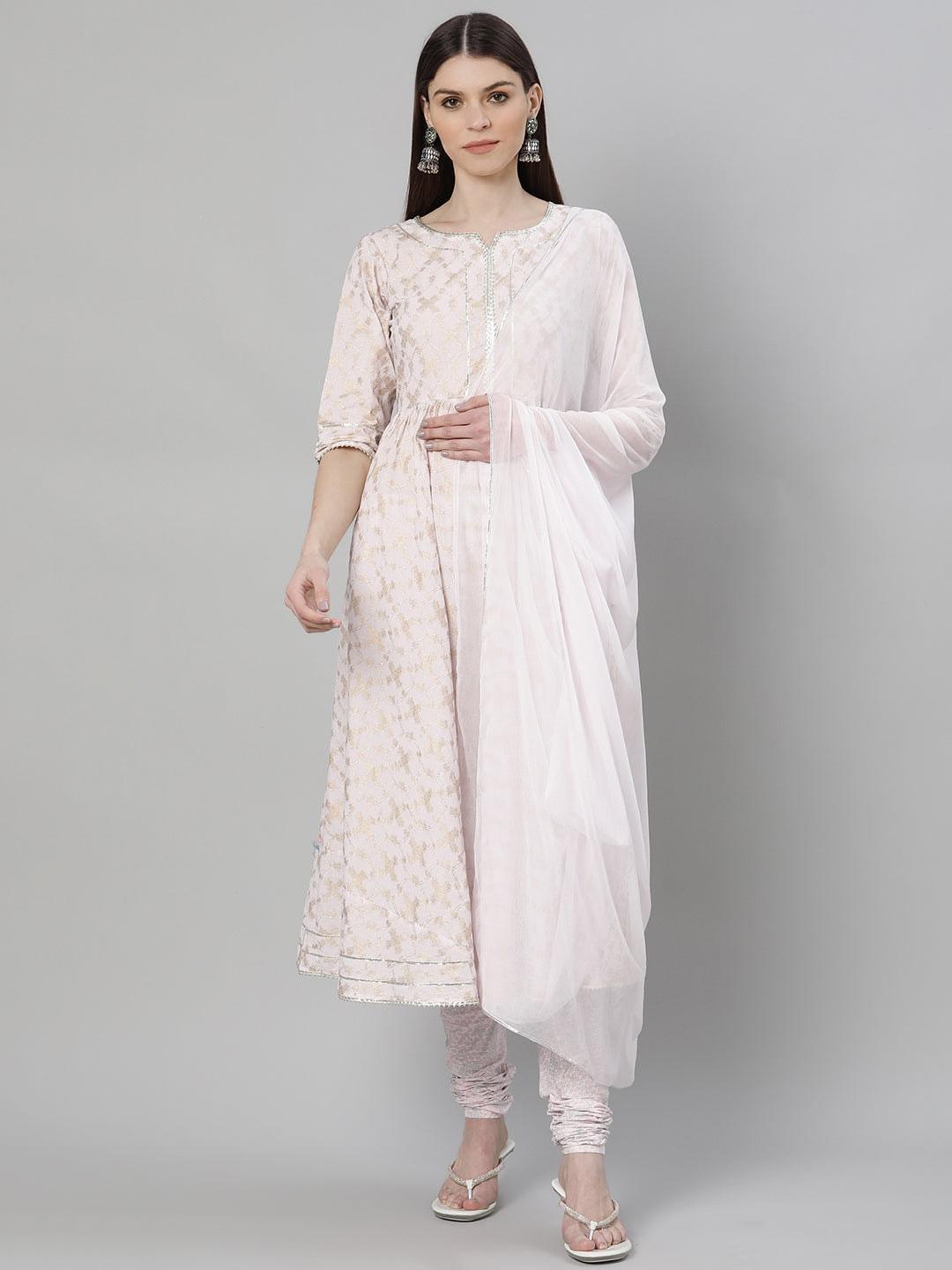 Pink Printed Cotton Anarkali Kurta With Dupatta