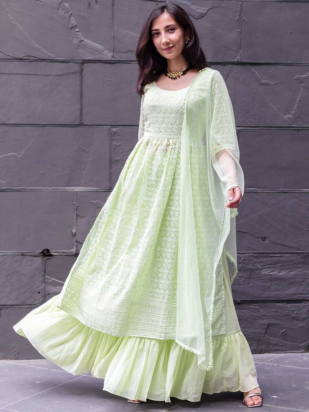 Green Embroidered Georgette A-Line Kurta With Palazzos & Dupatta