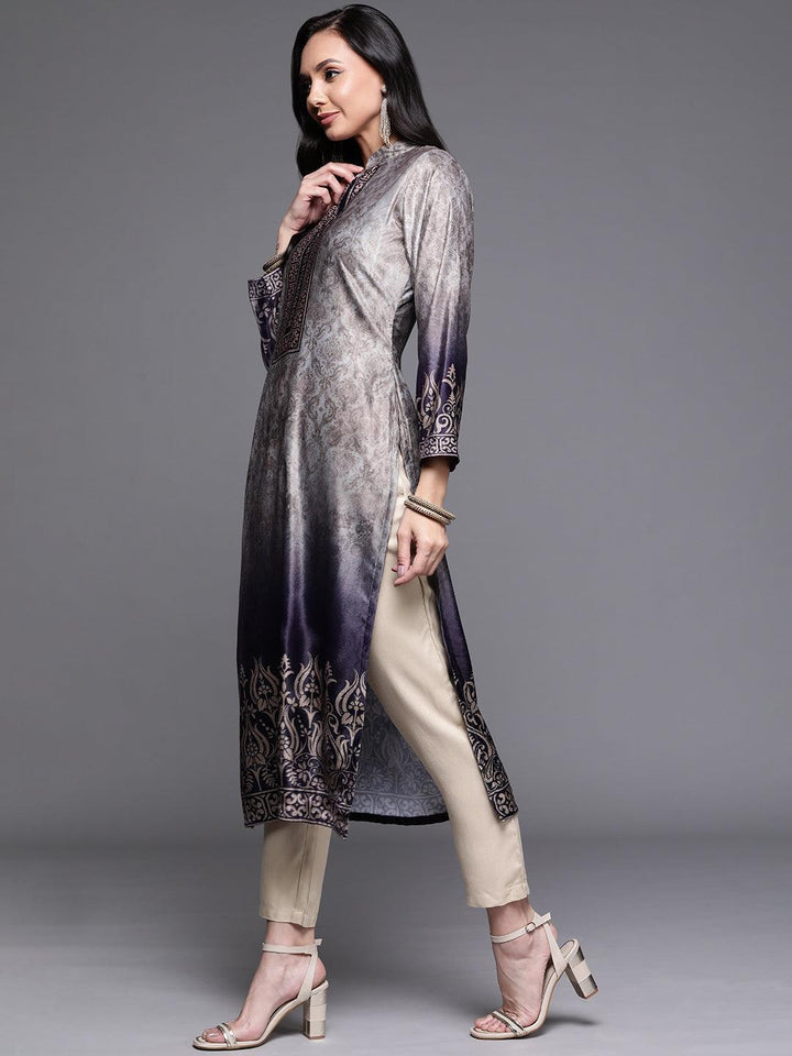 Grey Printed Velvet Suit Set - ShopLibas