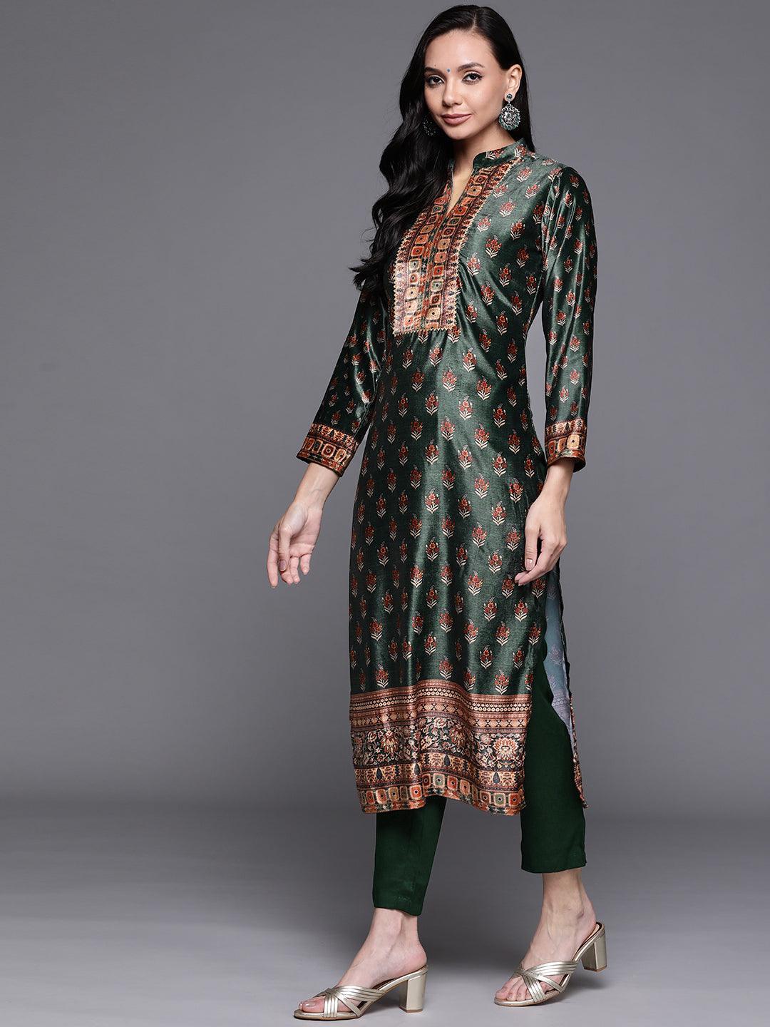 Green Printed Velvet Suit Set