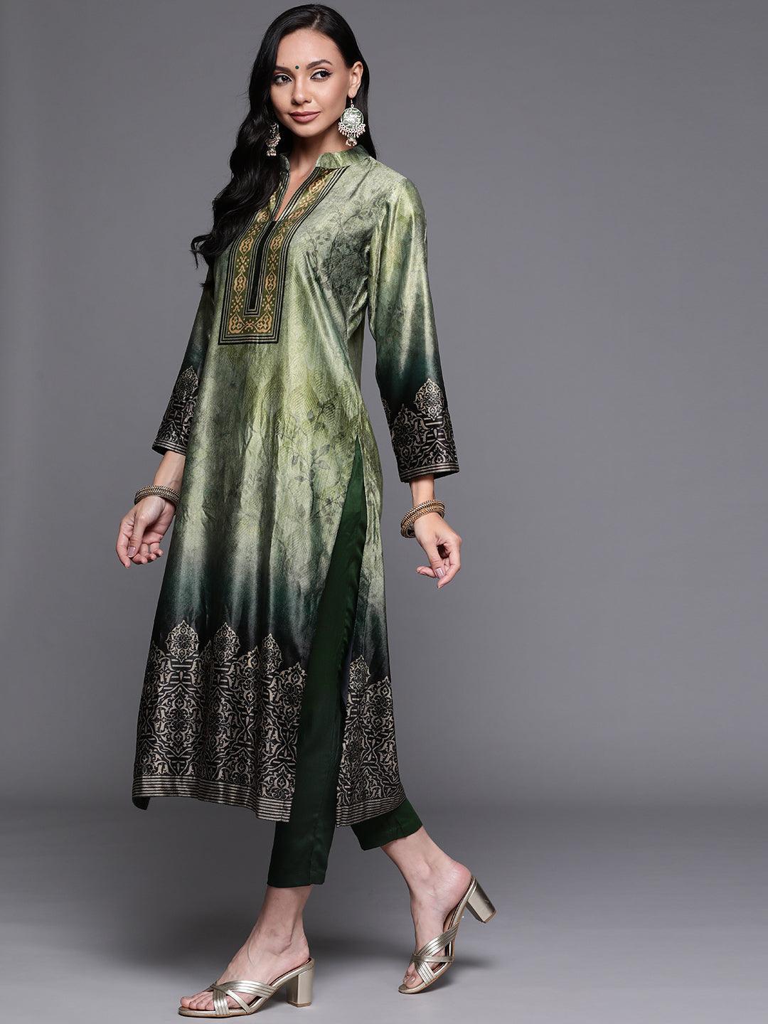 Green Printed Velvet Suit Set