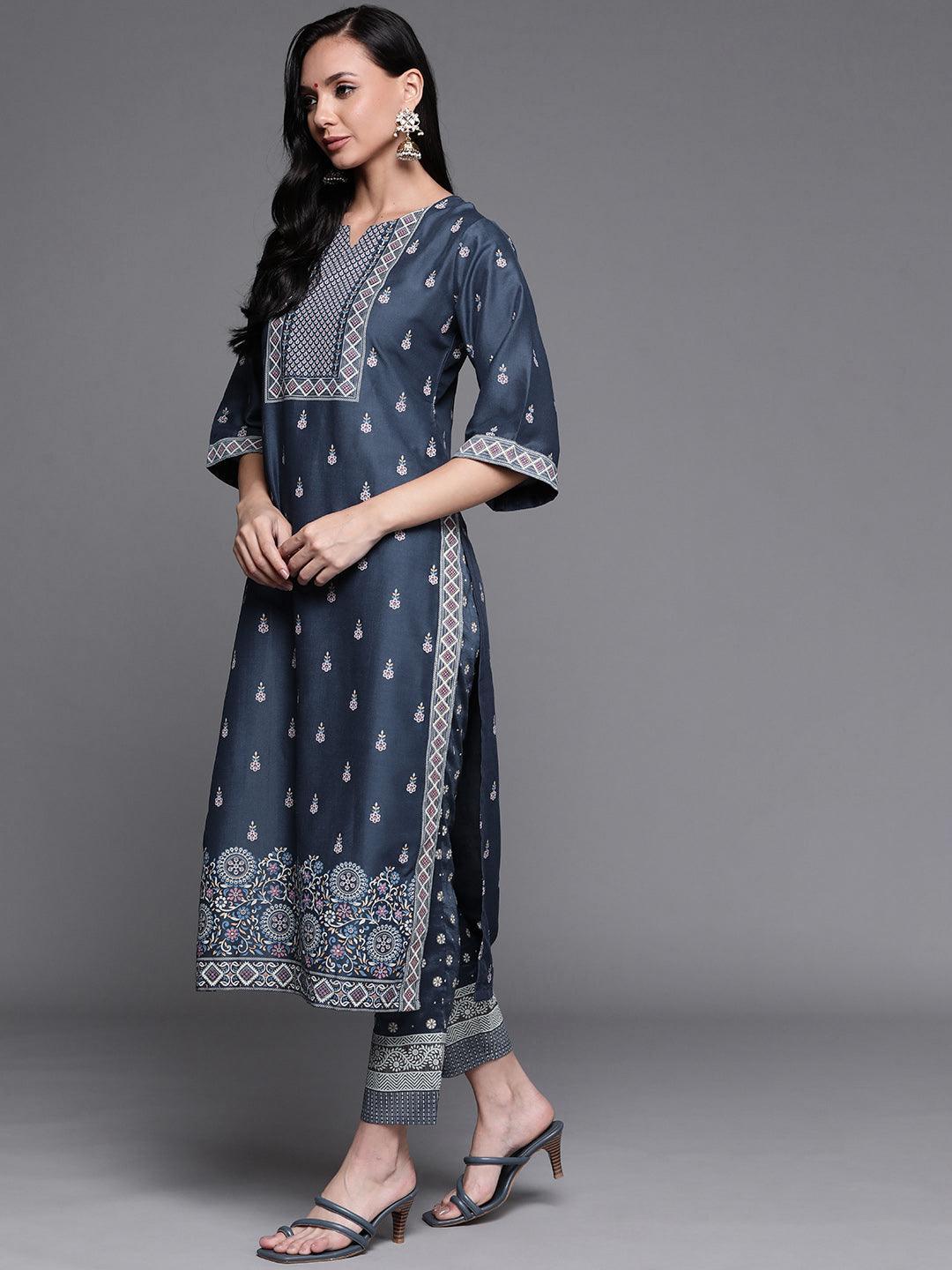 Blue Printed Silk Blend Suit Set