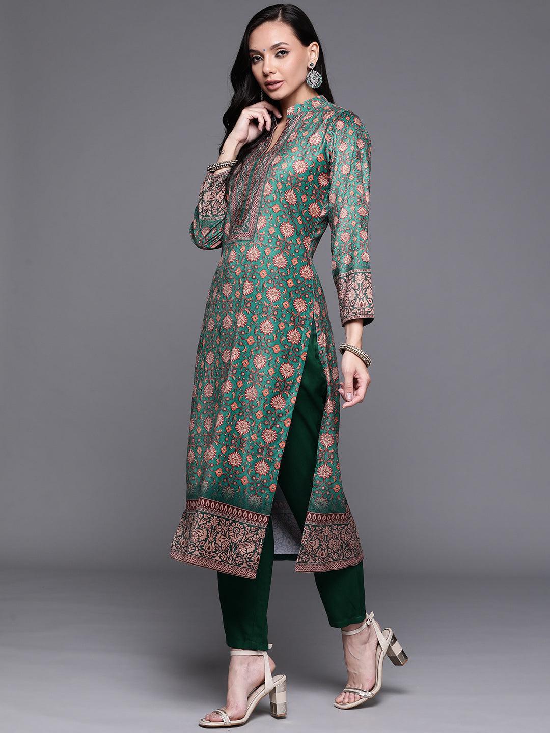 Green Printed Velvet Suit Set