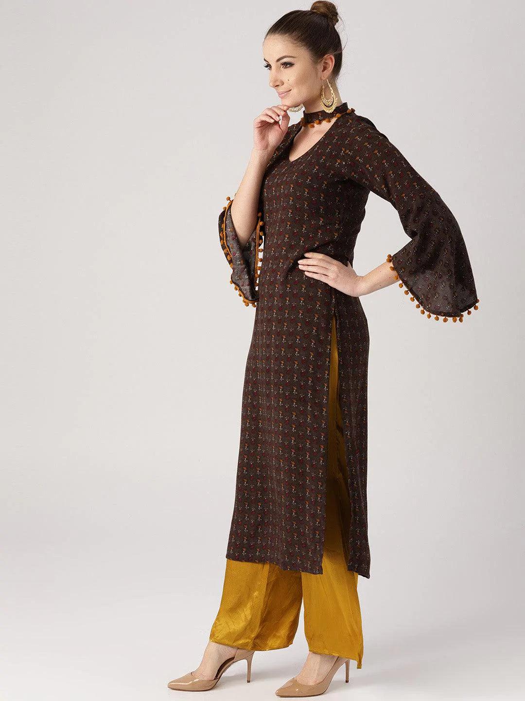 Brown Printed Rayon Kurta