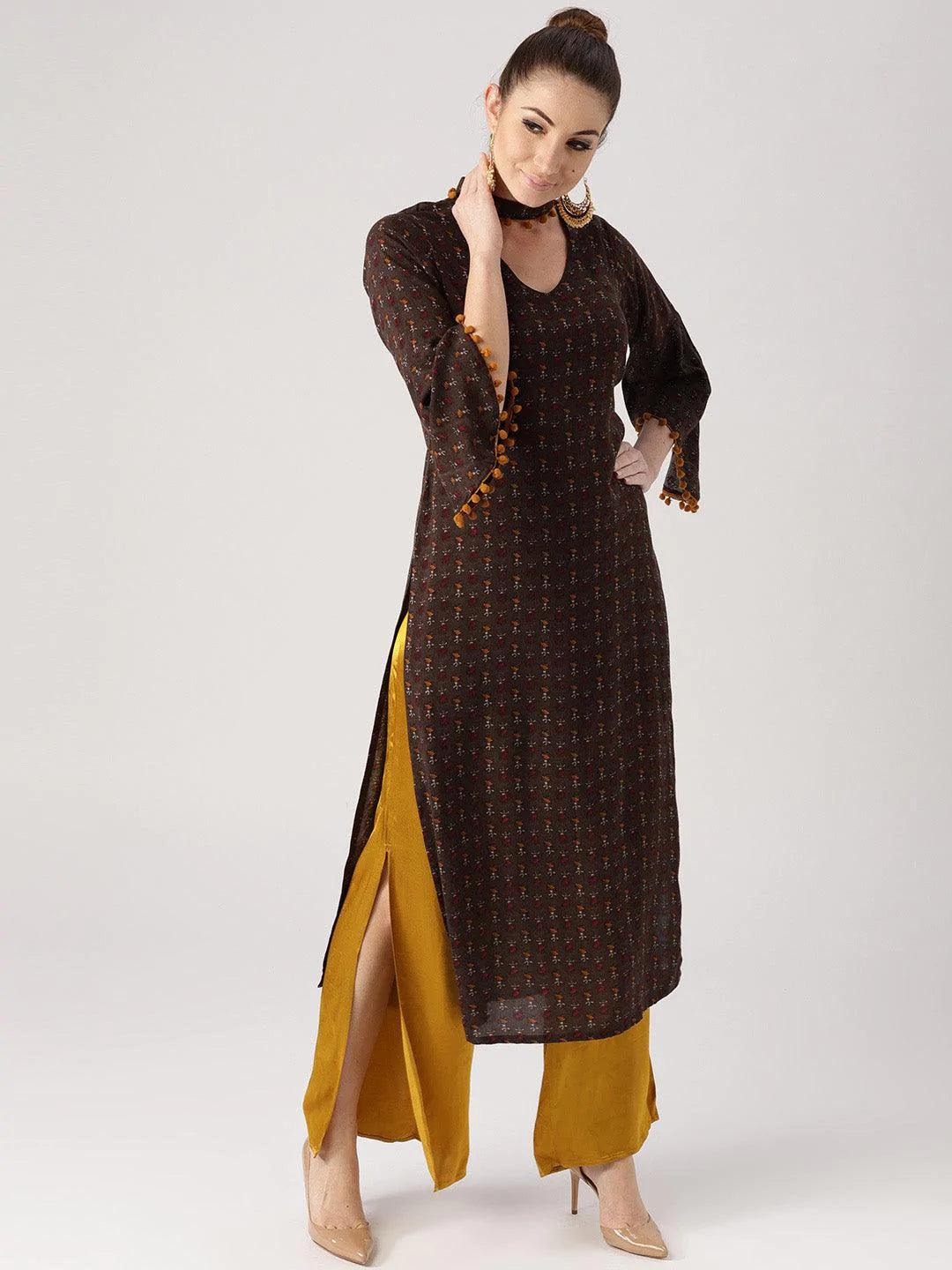 Brown Printed Rayon Kurta