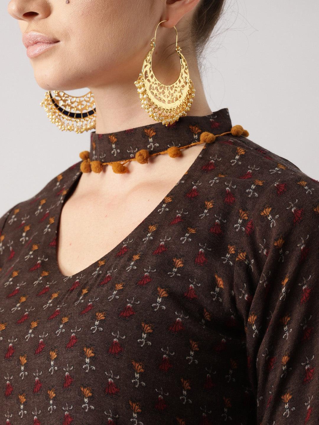 Brown Printed Rayon Kurta