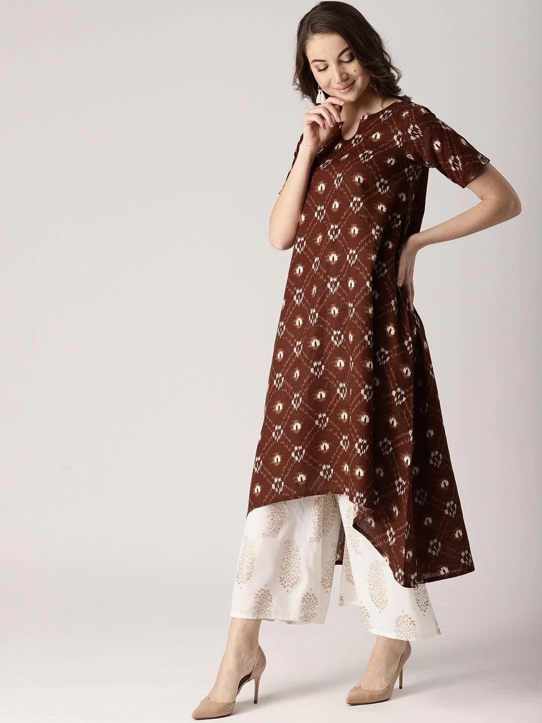 Brown Printed Cotton Kurta - ShopLibas