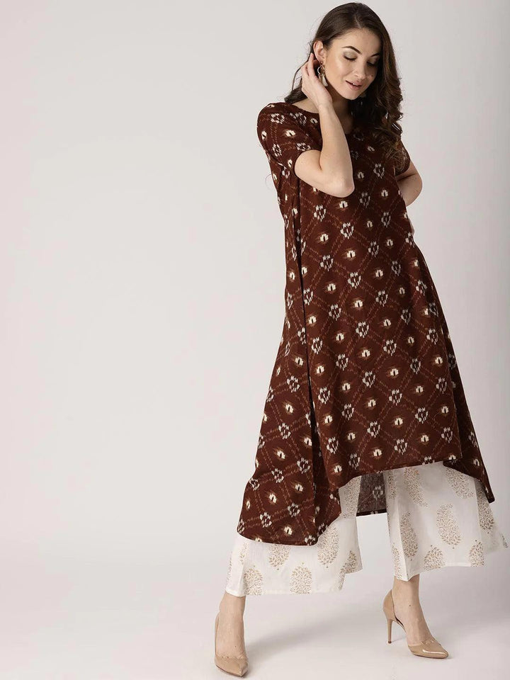 Brown Printed Cotton Kurta - ShopLibas