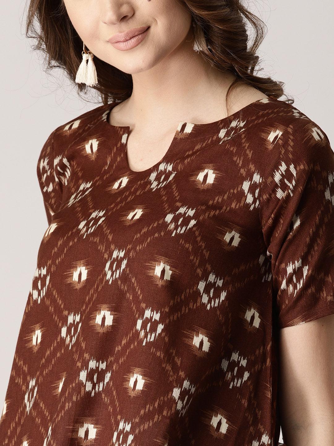 Brown Printed Cotton Kurta - ShopLibas