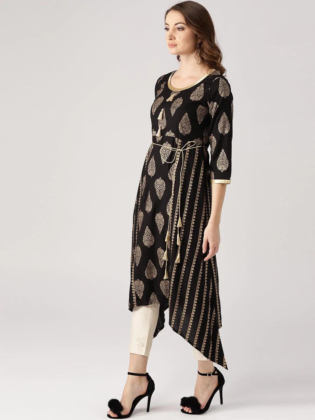 Black Printed Cotton Kurta - ShopLibas