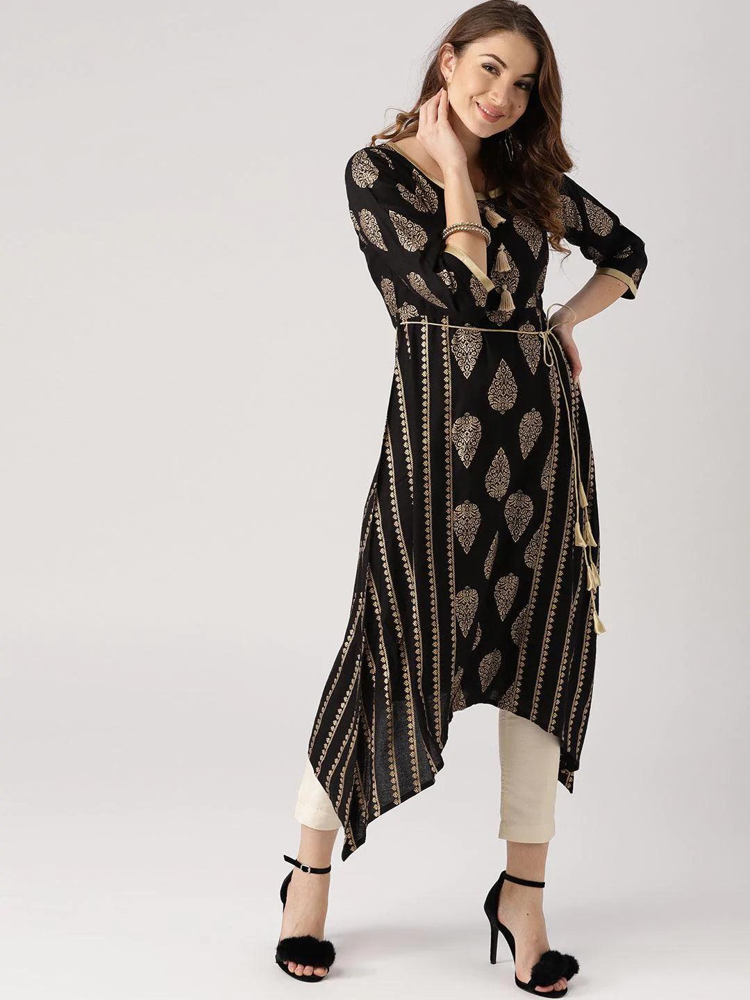 Black Printed Cotton Kurta - ShopLibas