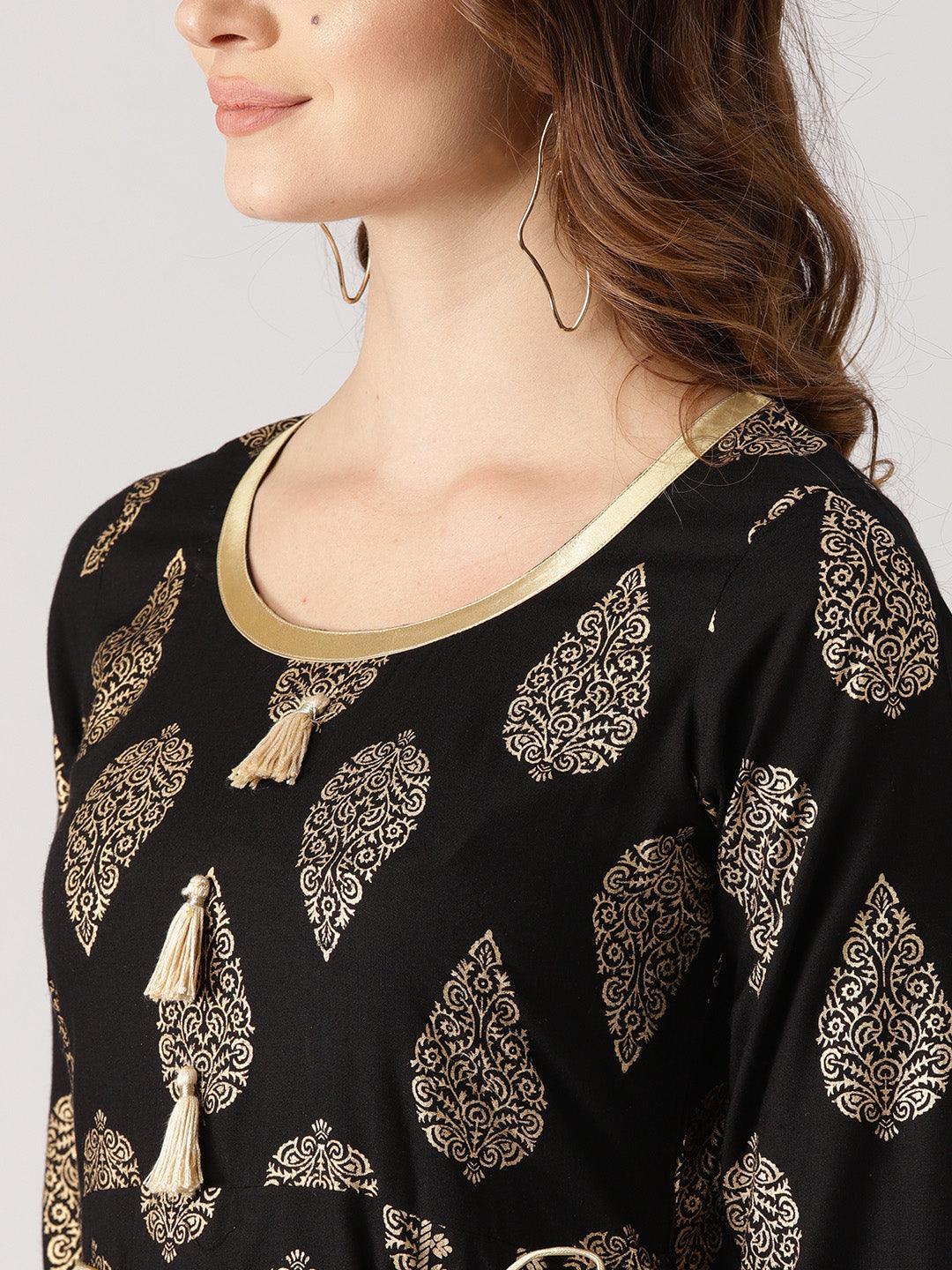 Black Printed Cotton Kurta