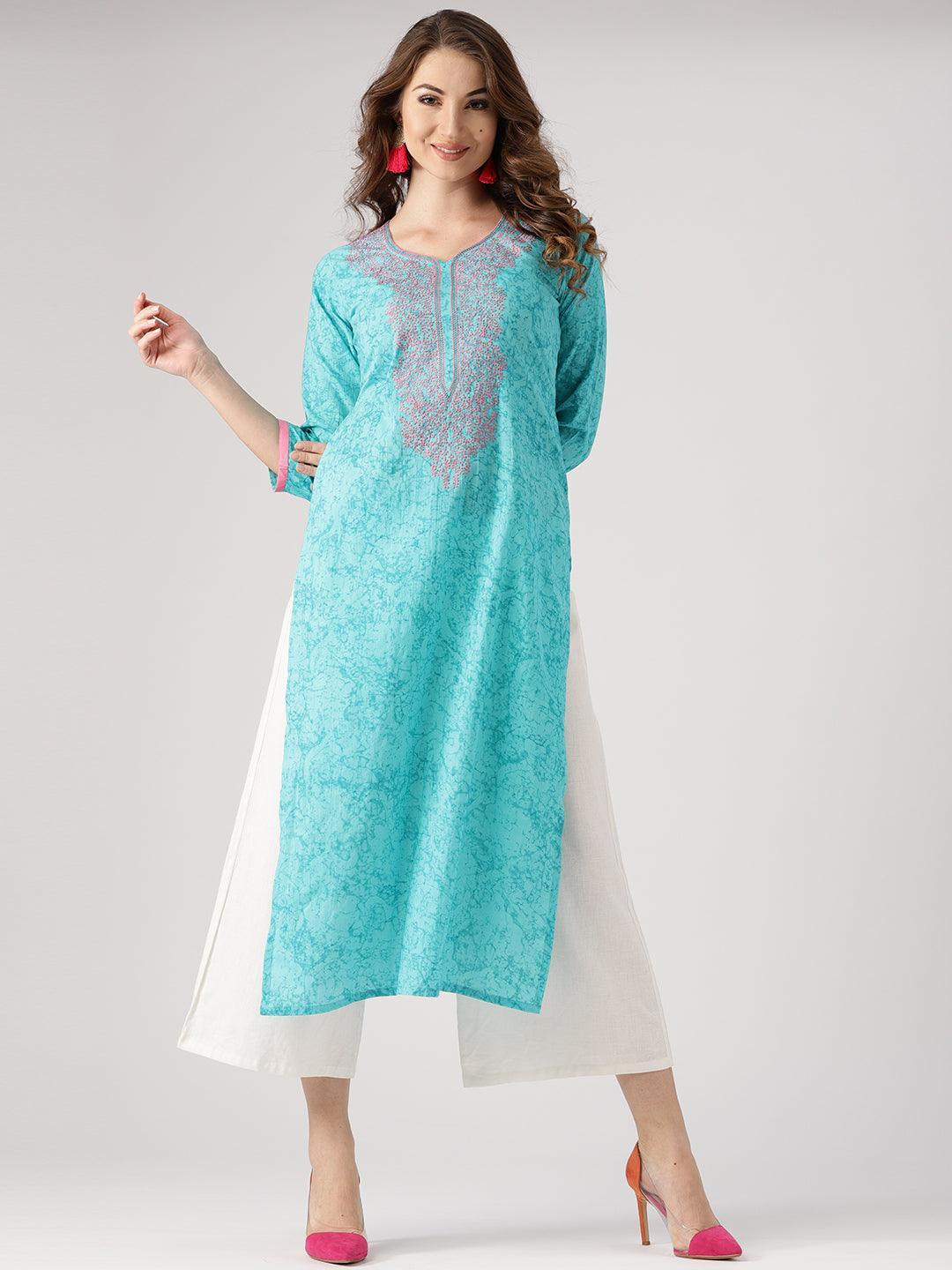 Blue Woven Design Cotton Kurta - ShopLibas