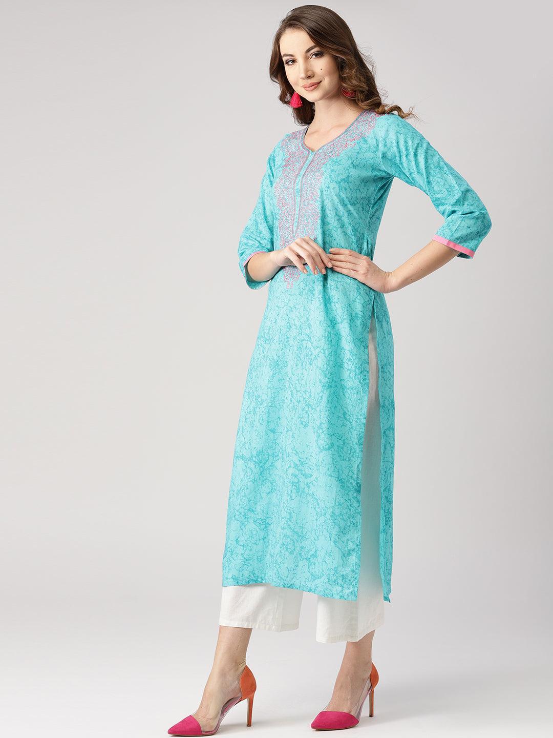 Blue Woven Design Cotton Kurta - ShopLibas