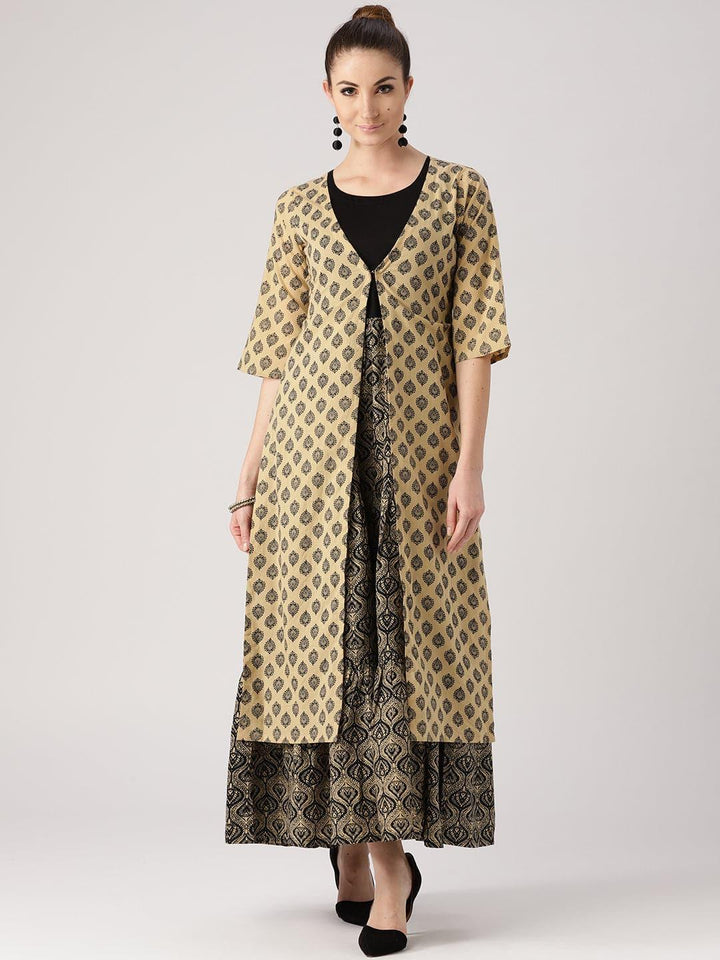 Beige Printed Cotton Kurta With Jacket - ShopLibas