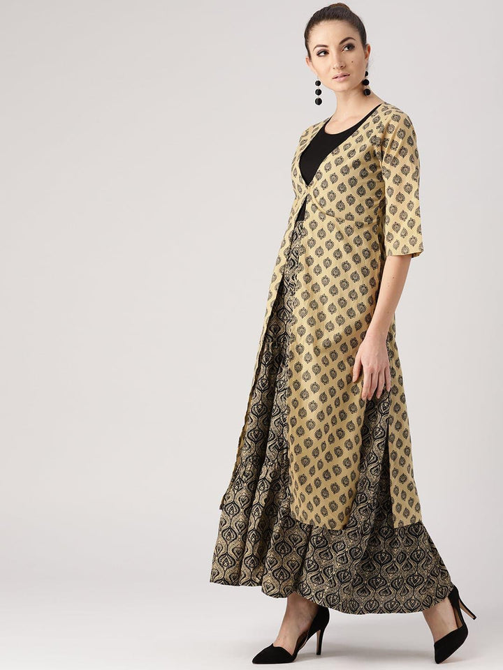 Beige Printed Cotton Kurta With Jacket - ShopLibas