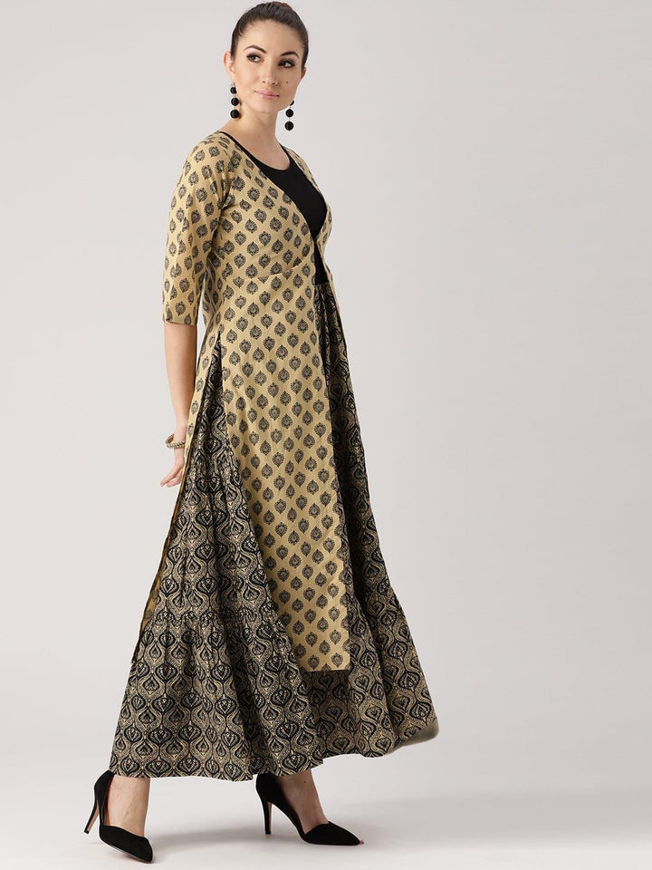 Beige Printed Cotton Kurta With Jacket - ShopLibas