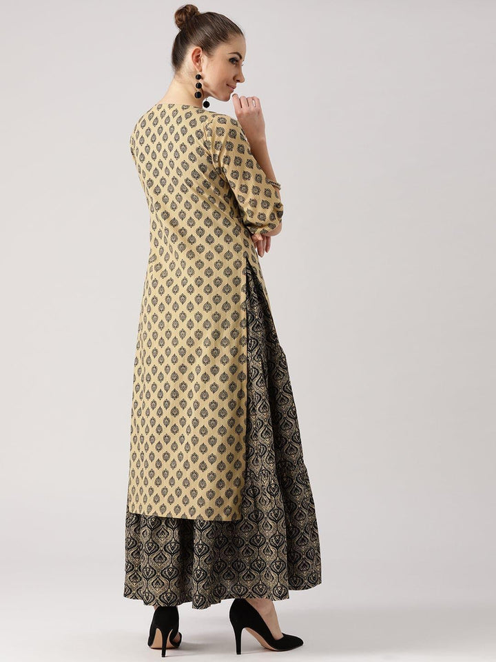 Beige Printed Cotton Kurta With Jacket - ShopLibas