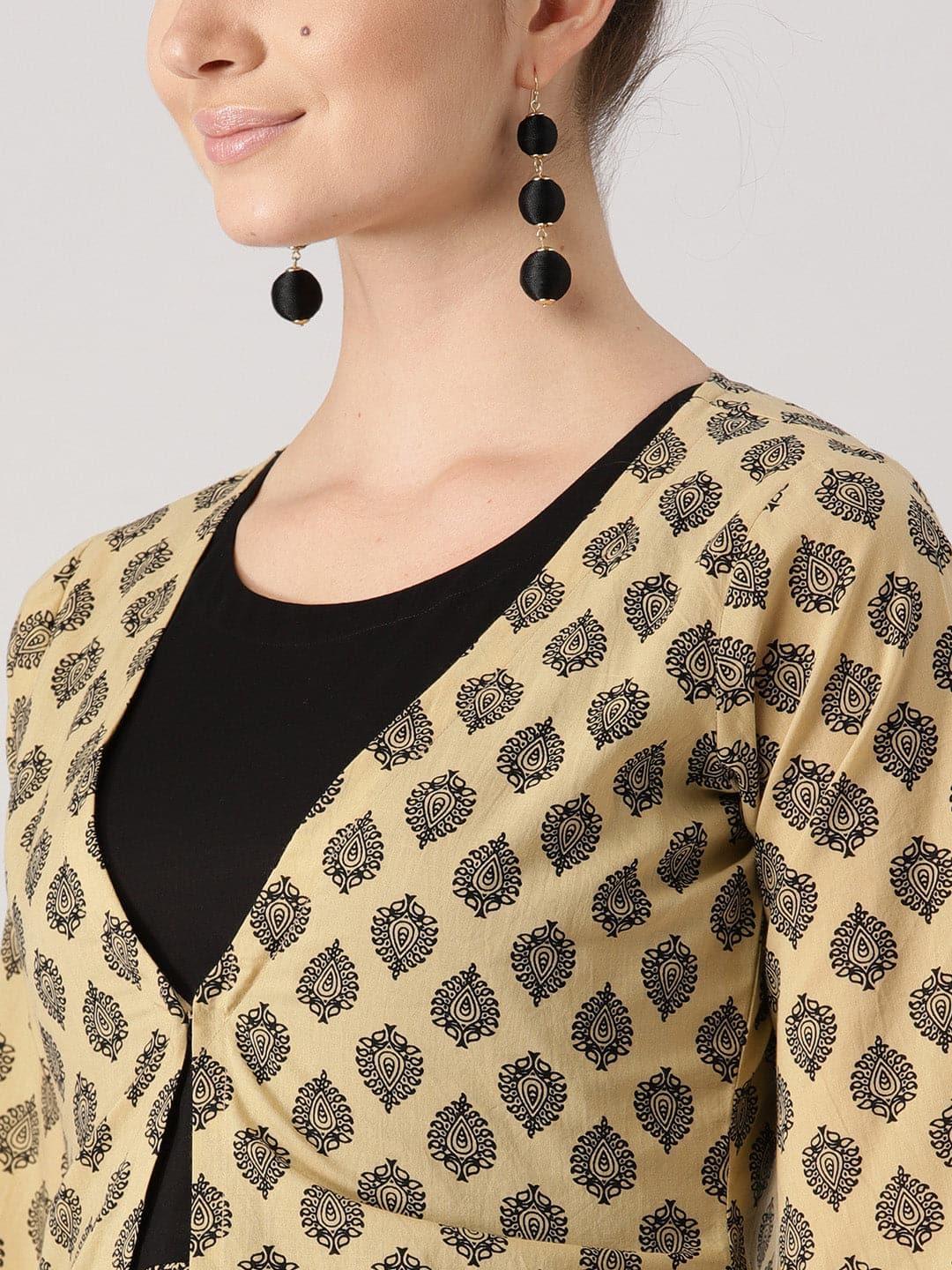 Beige Printed Cotton Kurta With Jacket - ShopLibas