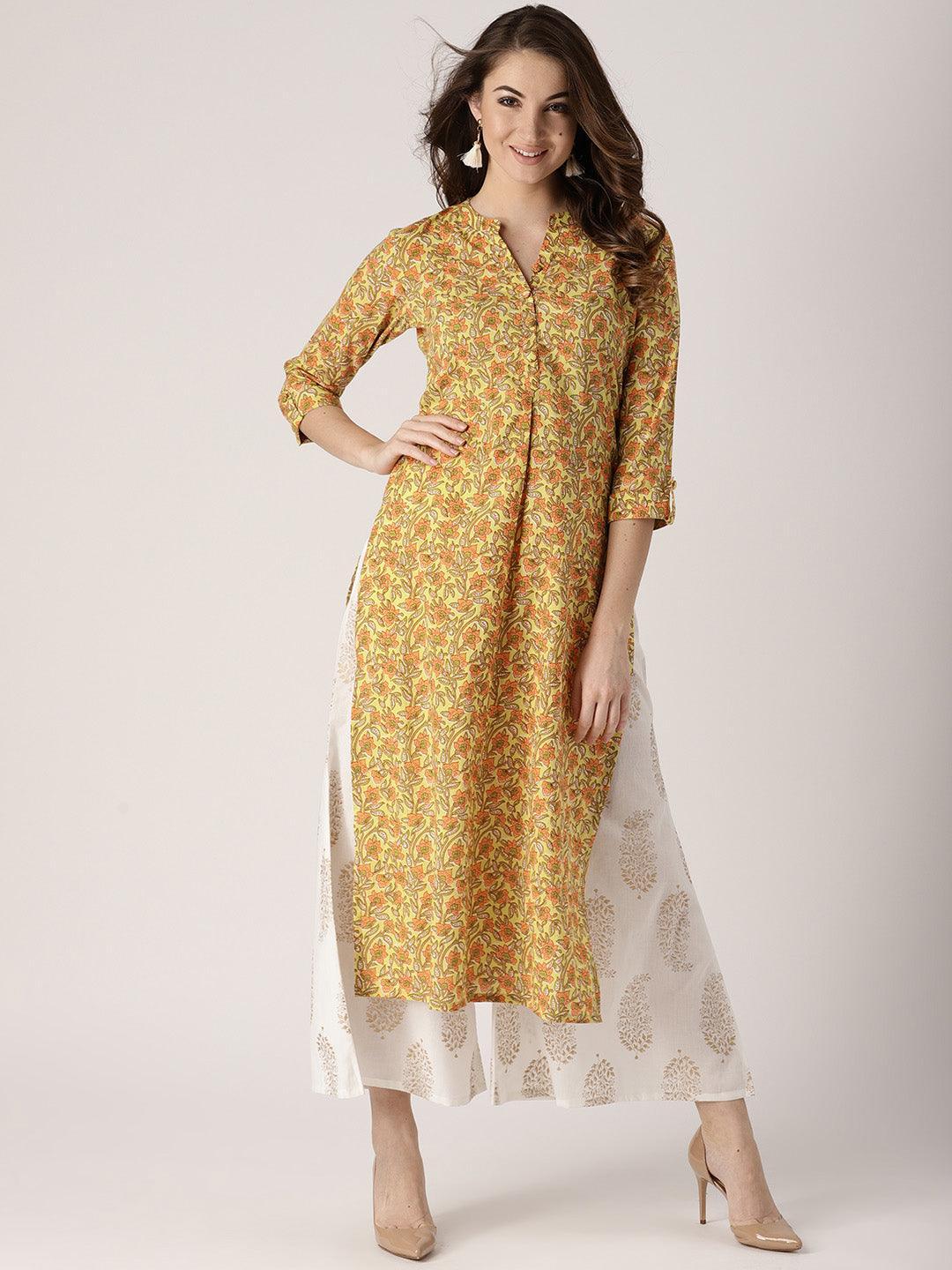 Yellow Printed Cotton Kurta