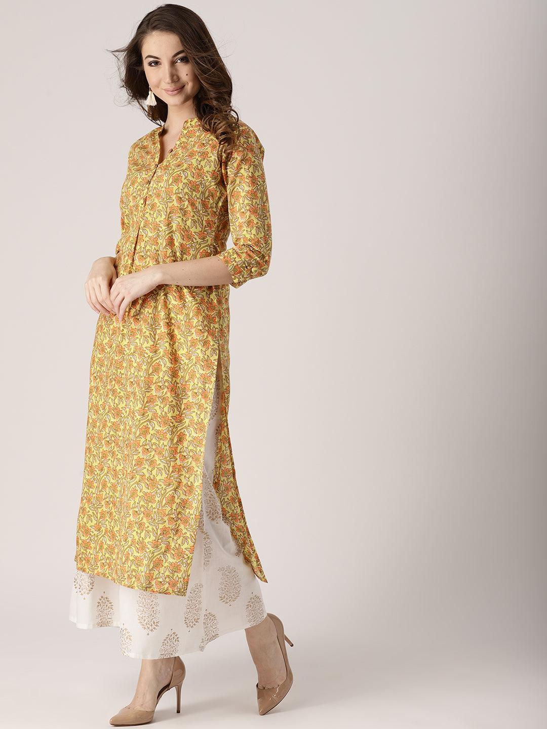 Yellow Printed Cotton Kurta