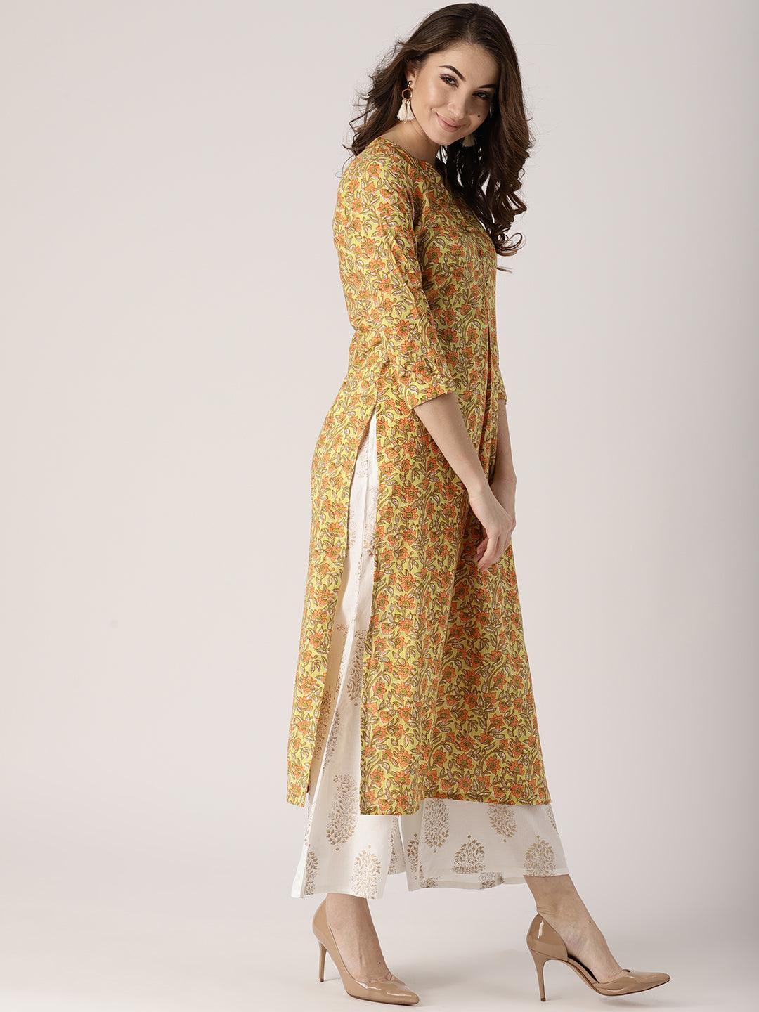 Yellow Printed Cotton Kurta