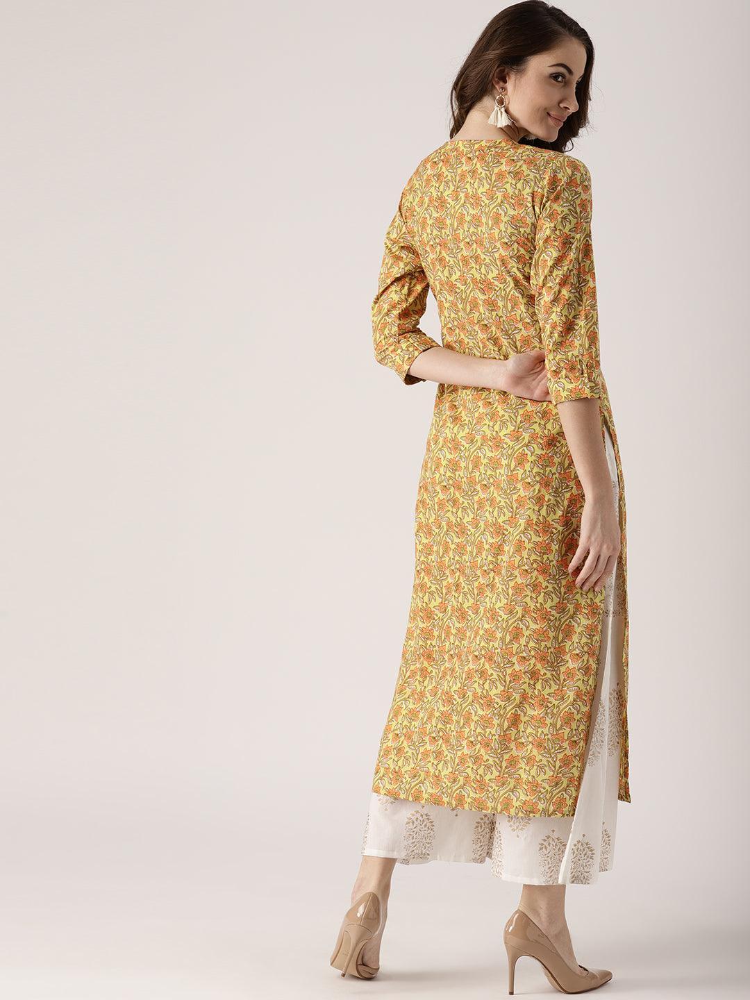 Yellow Printed Cotton Kurta