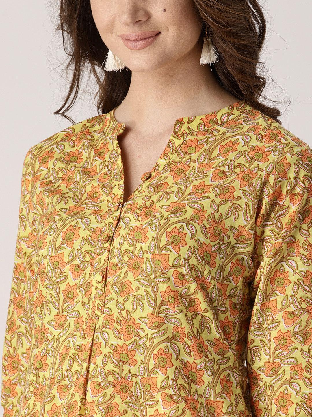 Yellow Printed Cotton Kurta