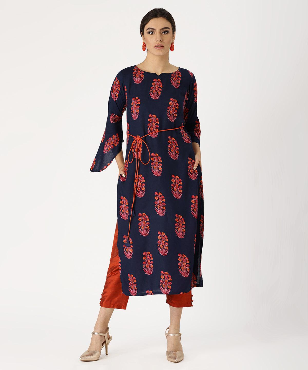 Blue Printed Rayon Kurta