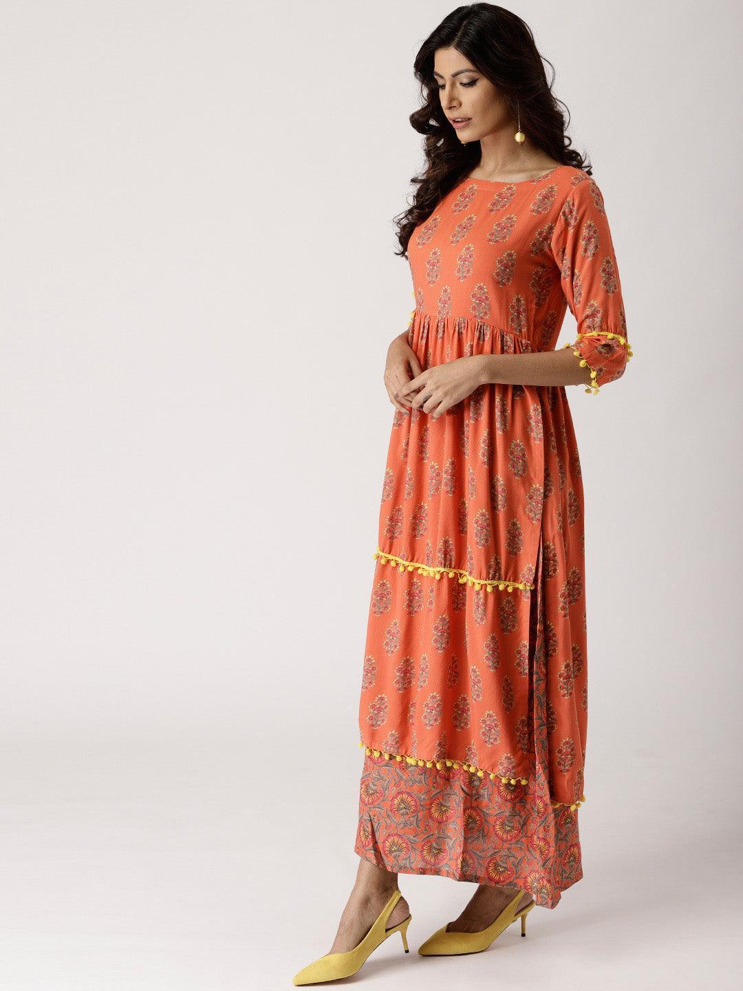 Orange Printed Rayon Layered Dress