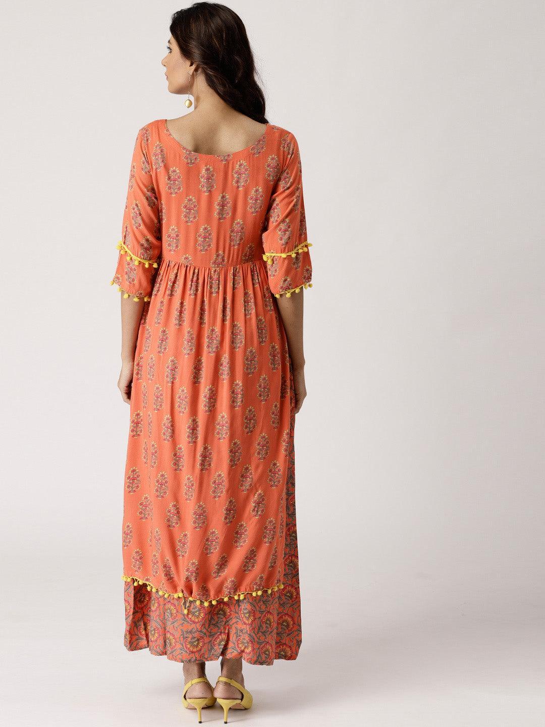 Orange Printed Rayon Layered Dress