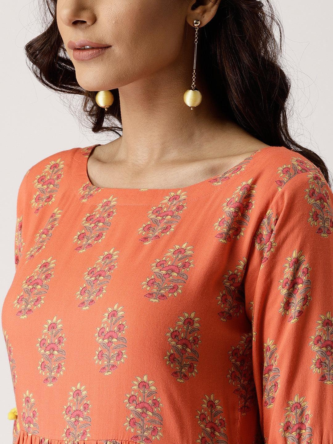 Orange Printed Rayon Layered Dress