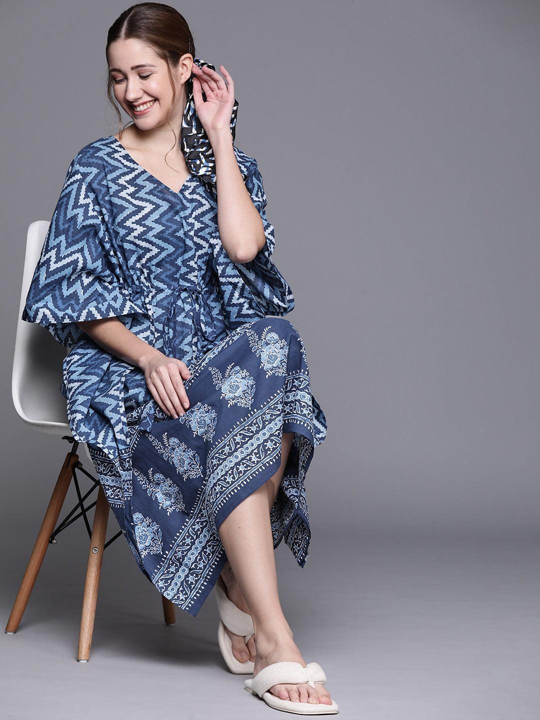 Blue Cotton Printed Kaftan Nightdress