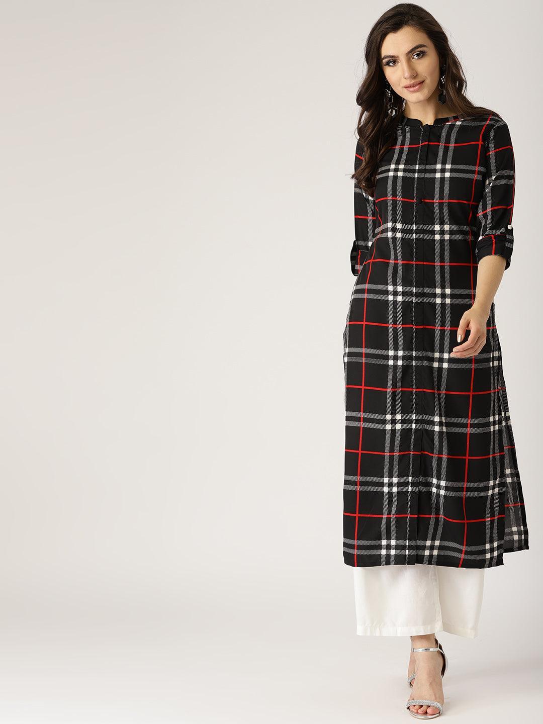 Black Checkered Crepe Kurta - ShopLibas