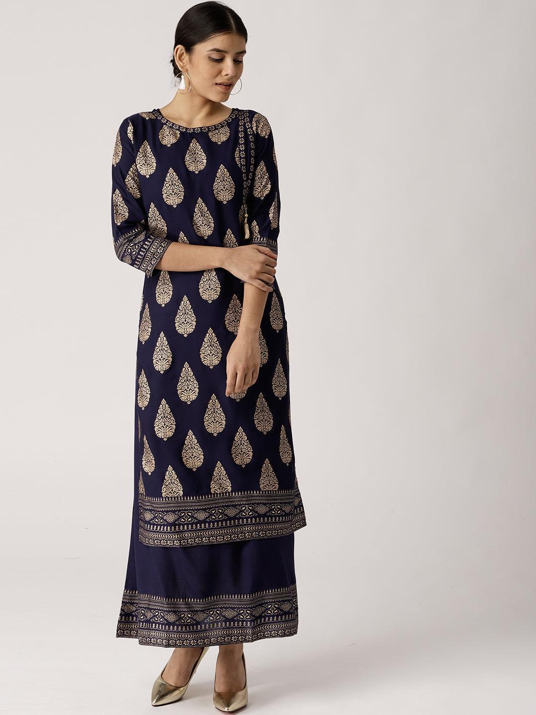 Blue Printed Rayon Kurta