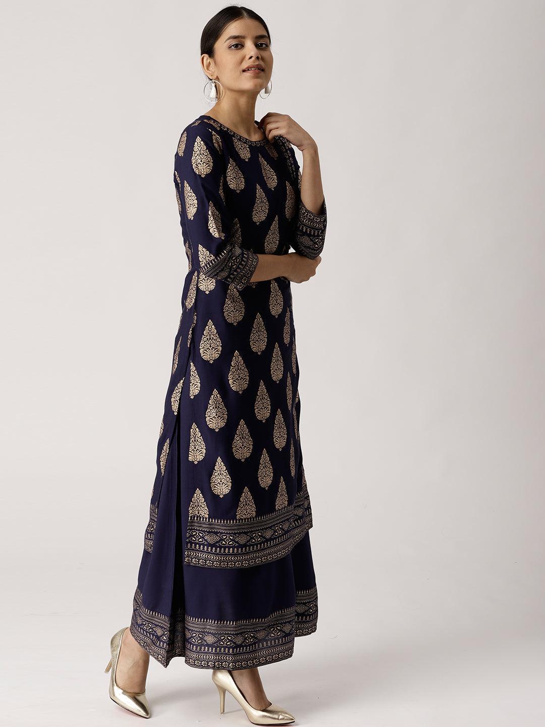 Blue Printed Rayon Kurta