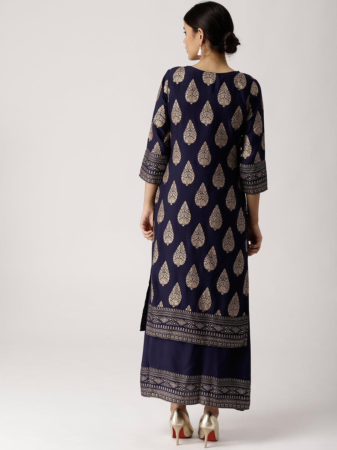 Blue Printed Rayon Kurta