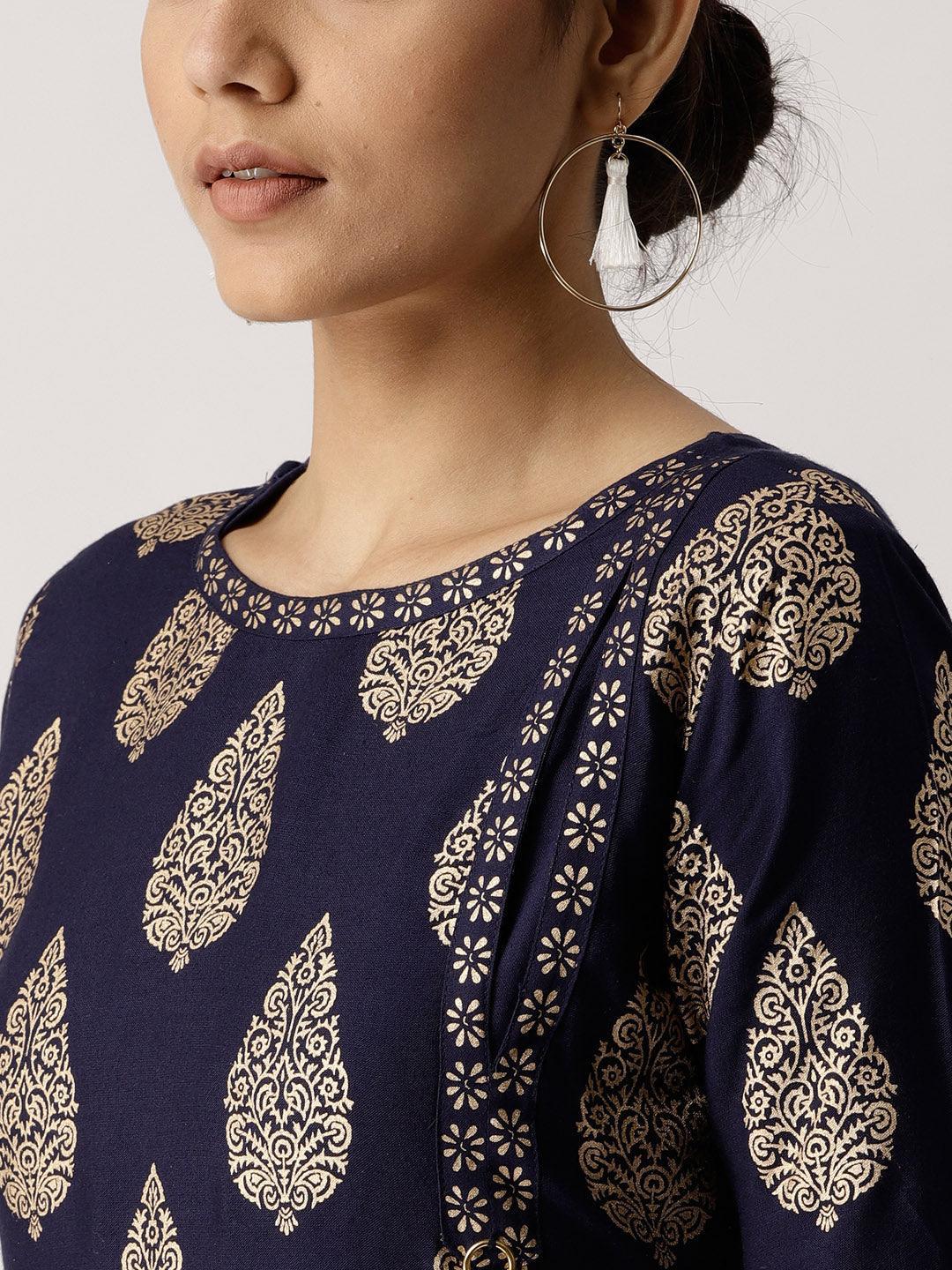 Blue Printed Rayon Kurta