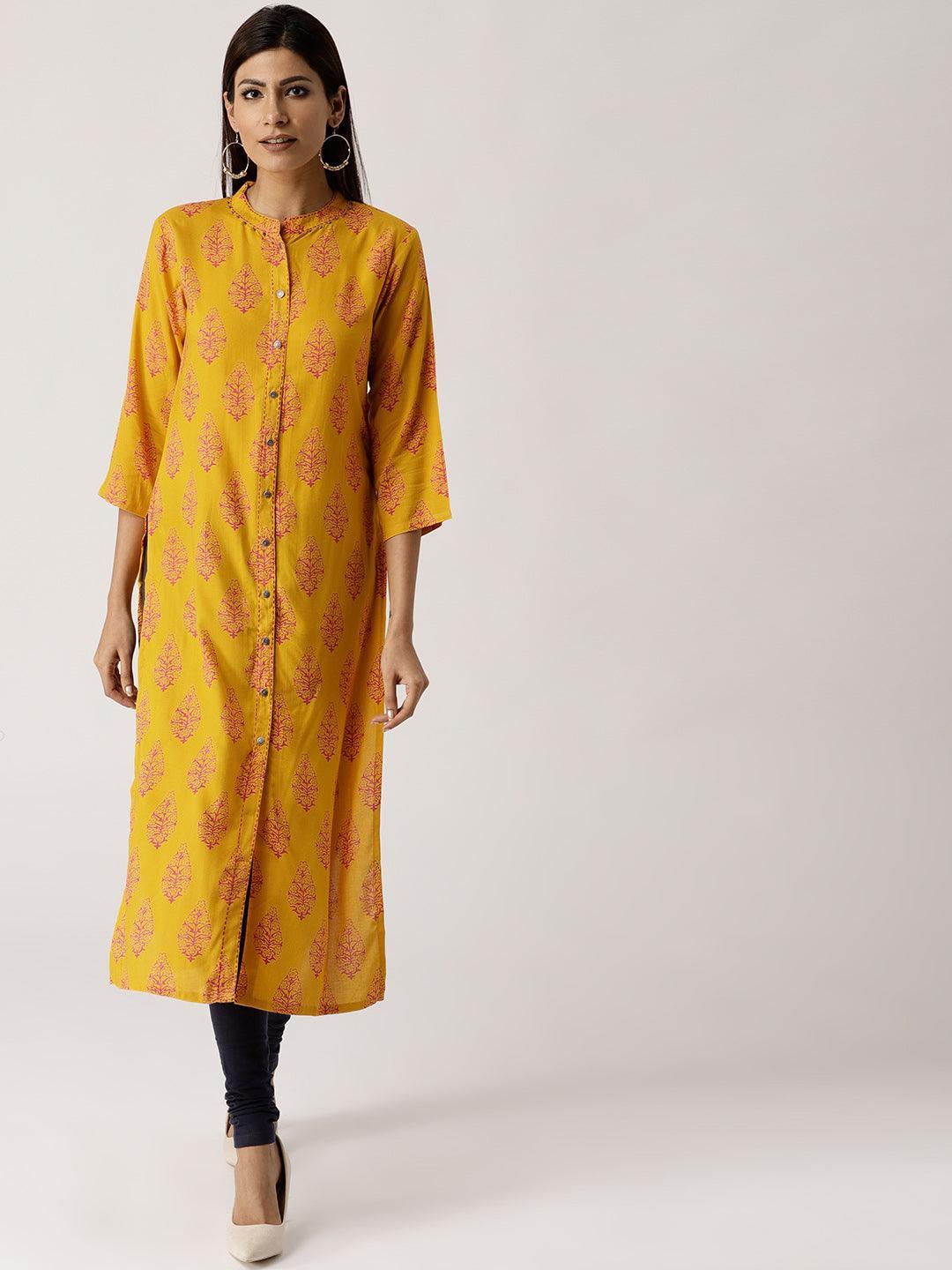 Yellow Printed Rayon Kurta