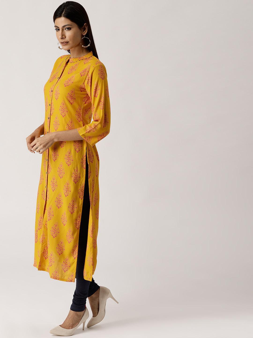 Yellow Printed Rayon Kurta