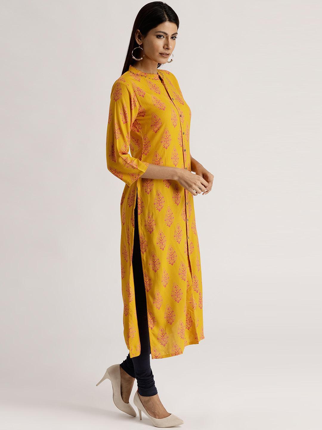 Yellow Printed Rayon Kurta