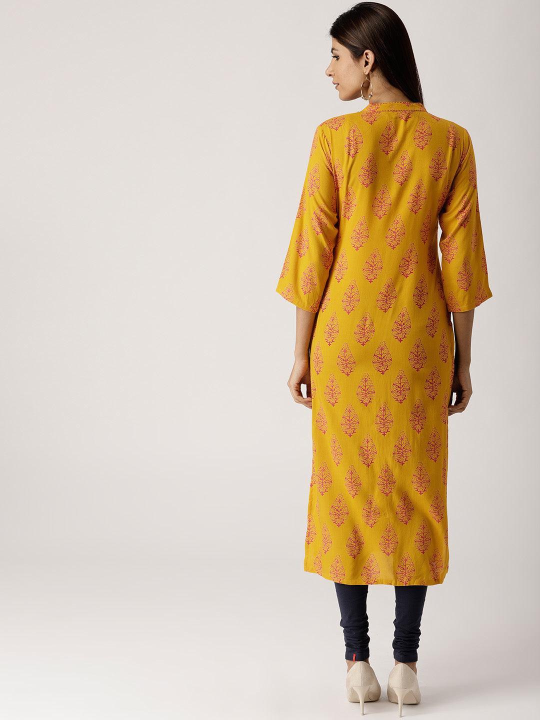 Yellow Printed Rayon Kurta