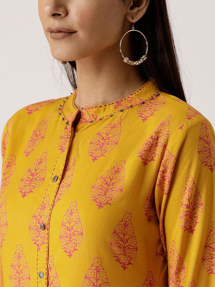 Yellow Printed Rayon Kurta - ShopLibas